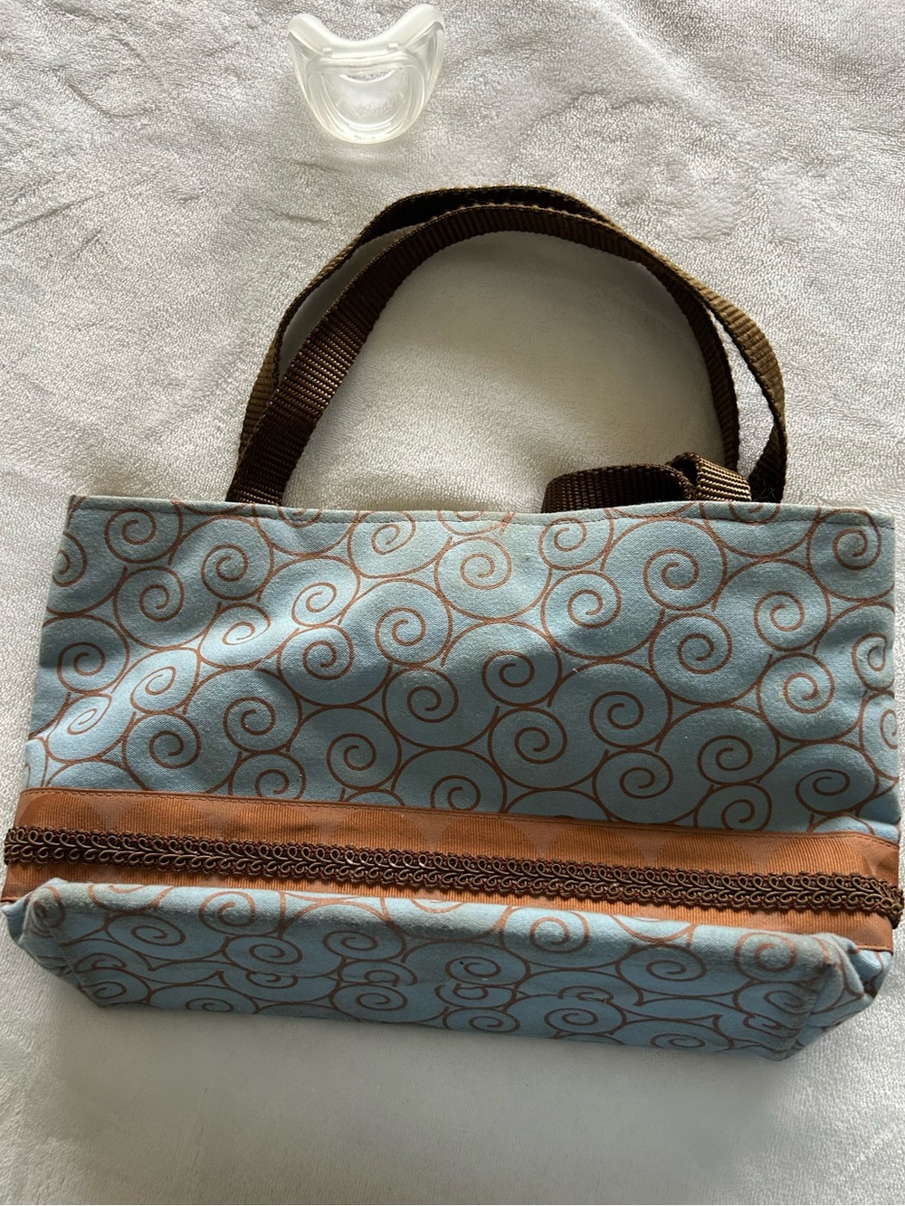 Blue Swirl Canvas purse with Brown Trim